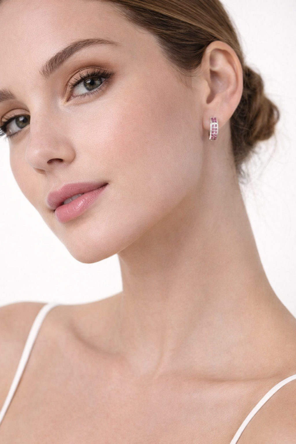 Brinco Argola Cravejada Rosa Prata