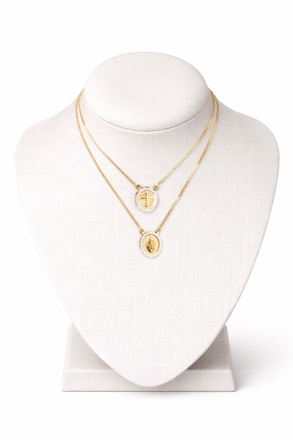 Conjunto de Colares Medalha Cruz e Nossa Senhora Dourado