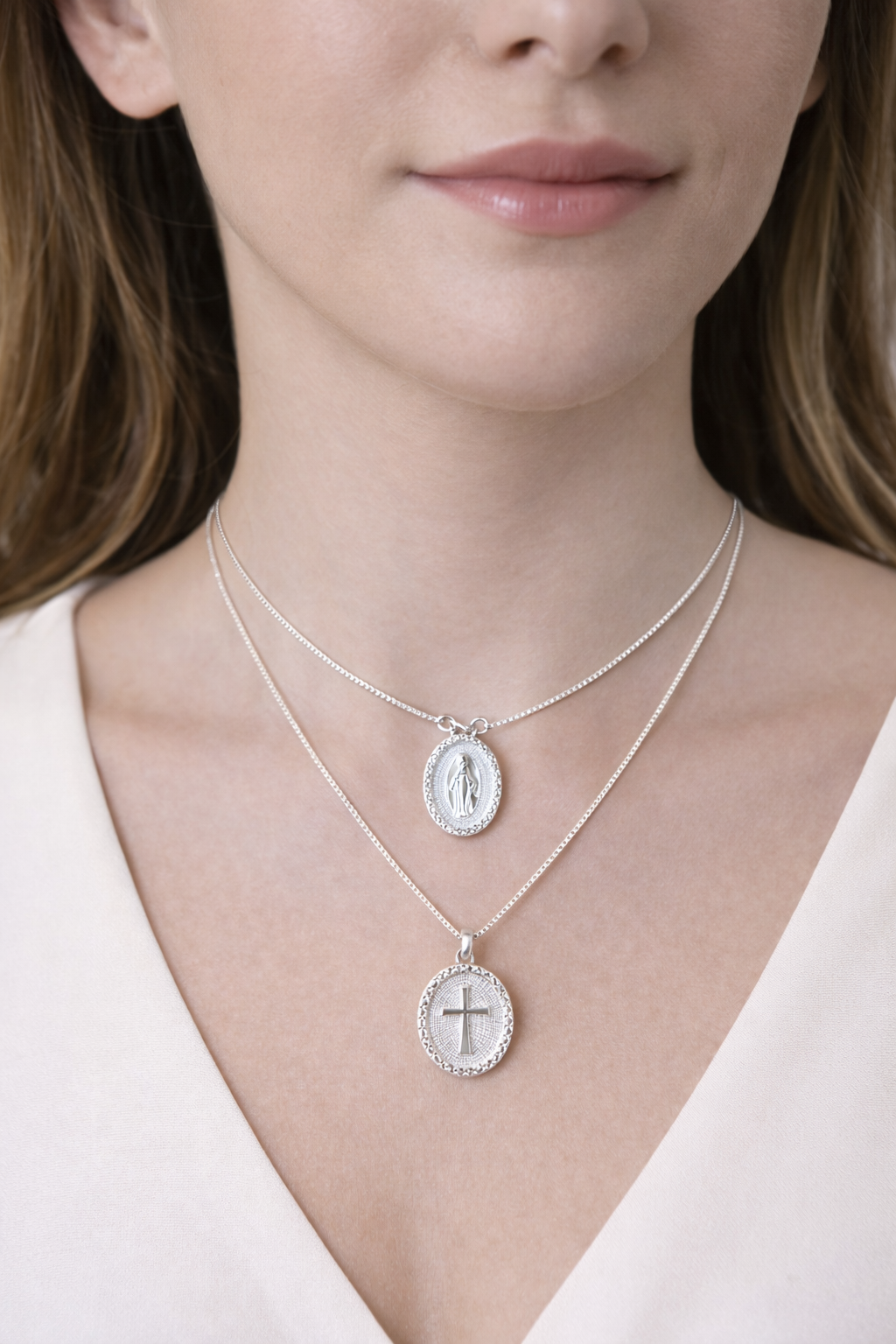 Escapulário Prata Medalhas Nossa Senhora e Cruz