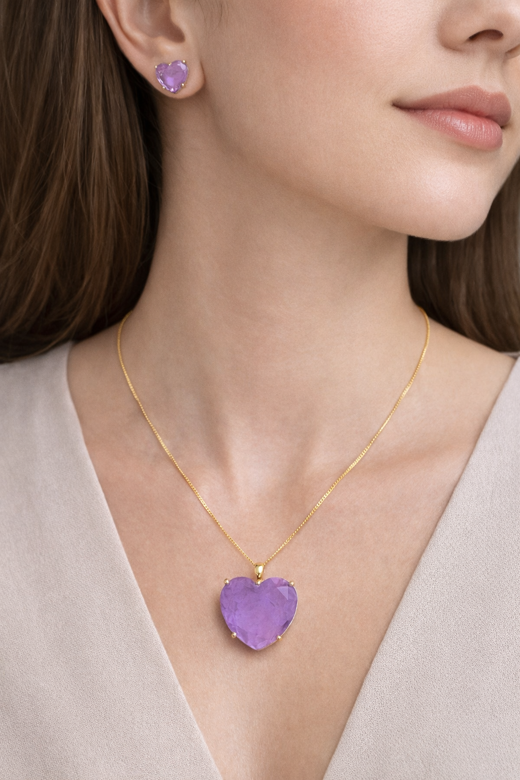 Conjunto Pedra Coração Quartzo Lilás