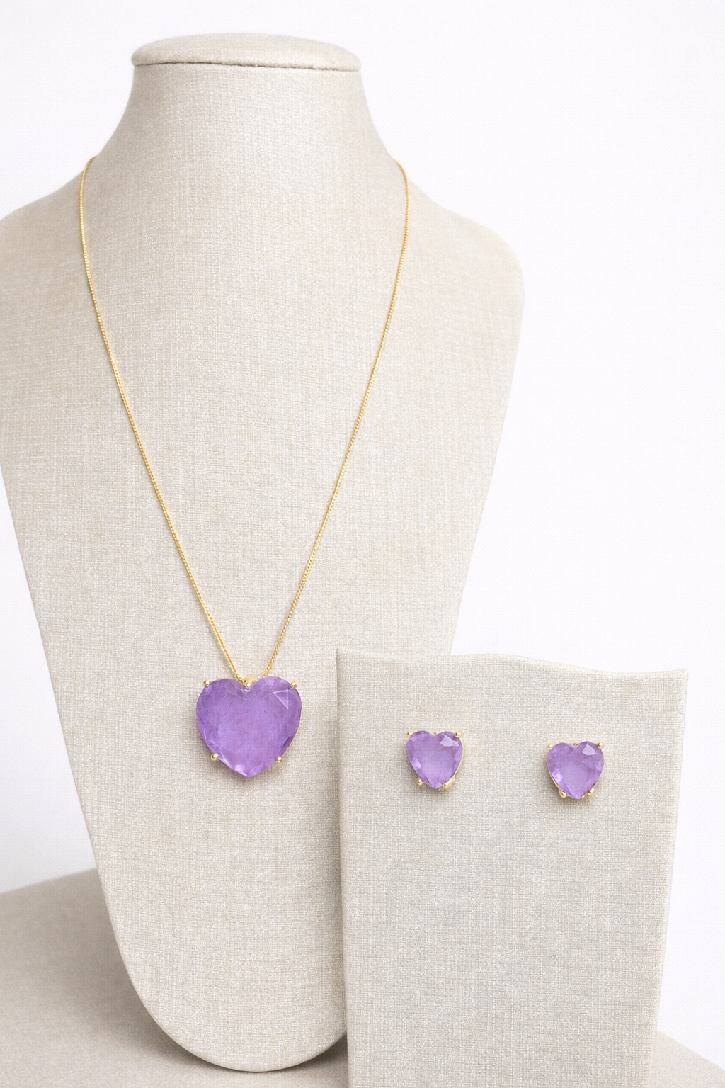 Conjunto Pedra Coração Quartzo Lilás